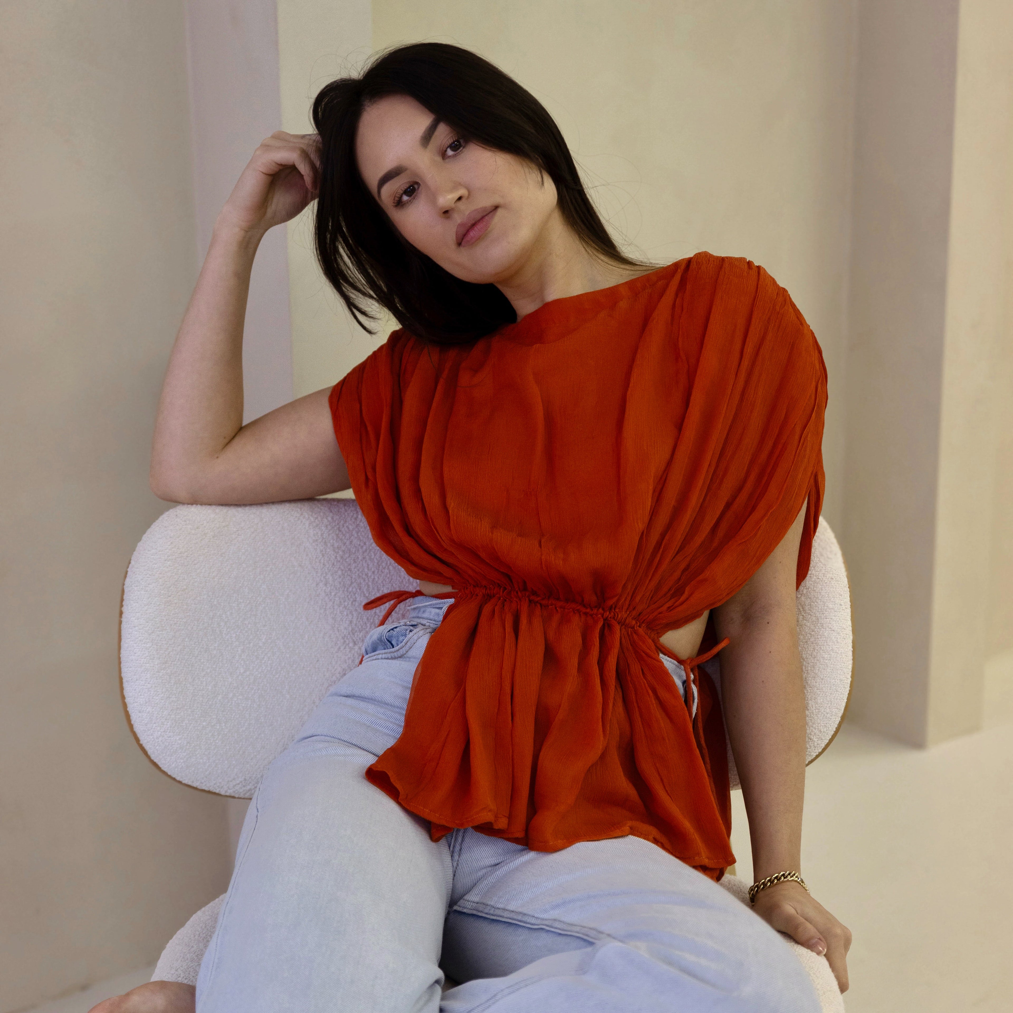 Pure silk chiffon top handmade in small artisan batches in India. The Agni blouse features soft cotton ties and a double-layer design for effortless, refined elegance.