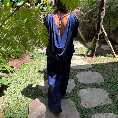 Aurora silk satin set with oversized cowl-back blouse and wide-leg low-rise pants in deep ocean blue