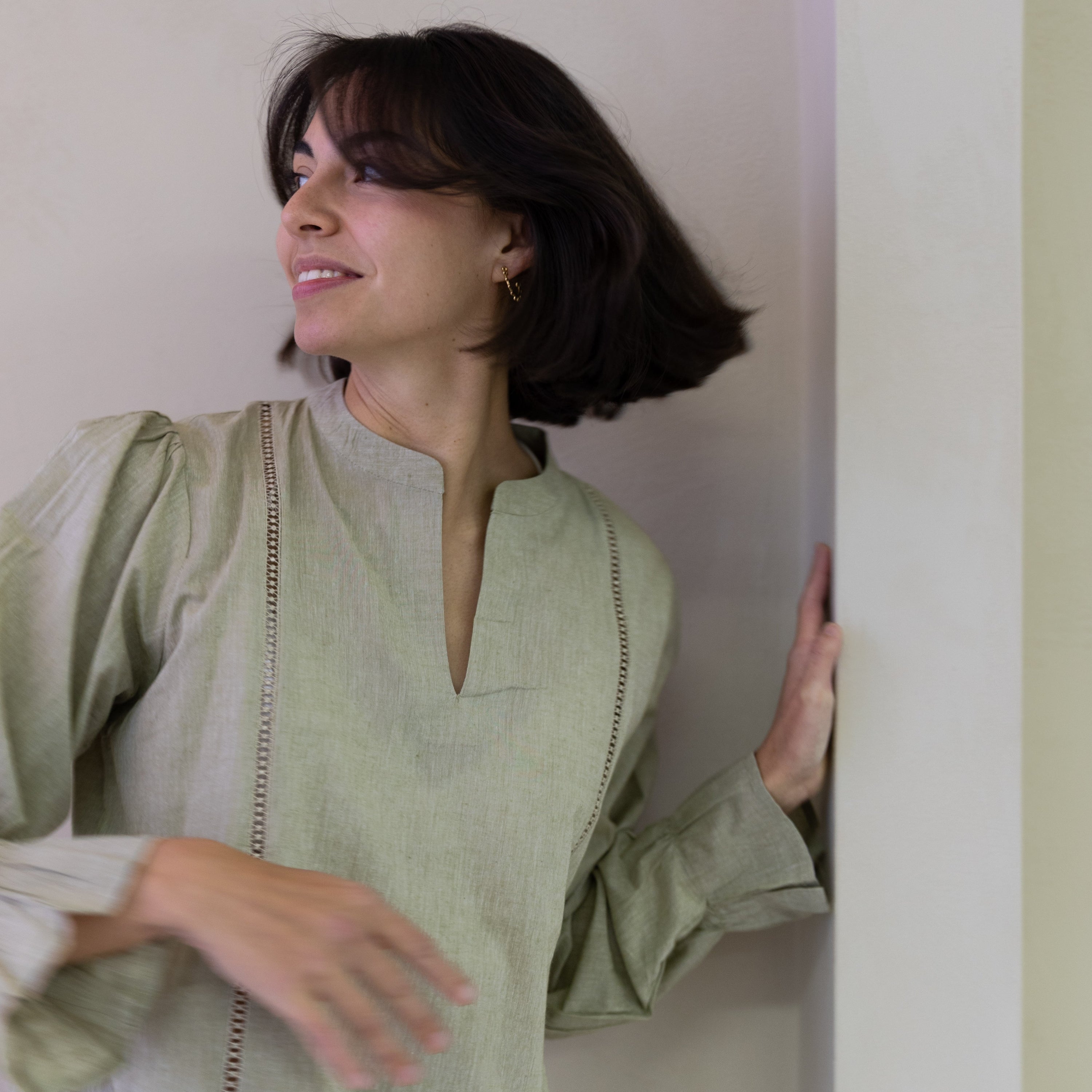 Lush handloom cotton blouse with relaxed feminine silhouette and soft volume sleeves