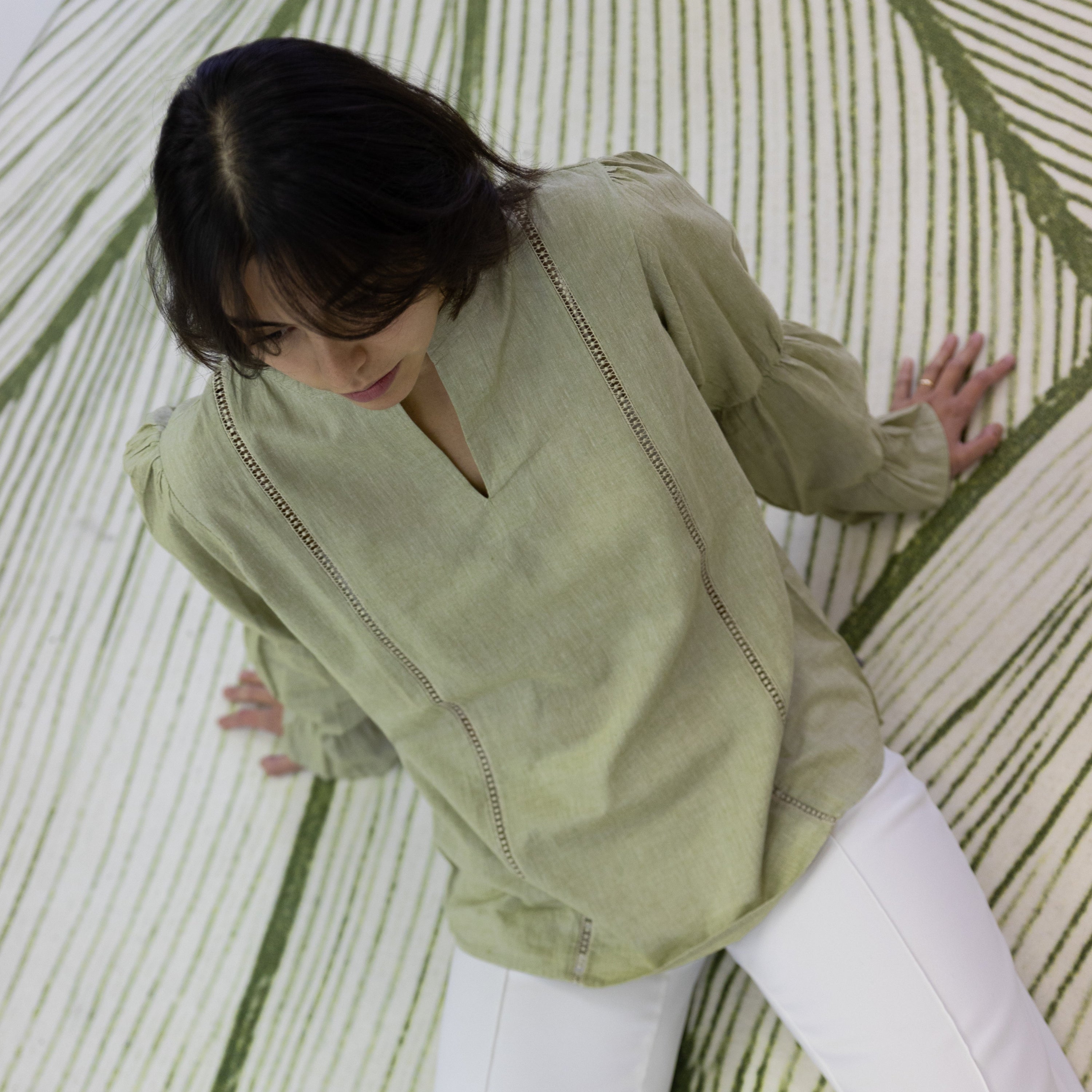 Lush handloom cotton blouse with relaxed feminine silhouette and soft volume sleeves