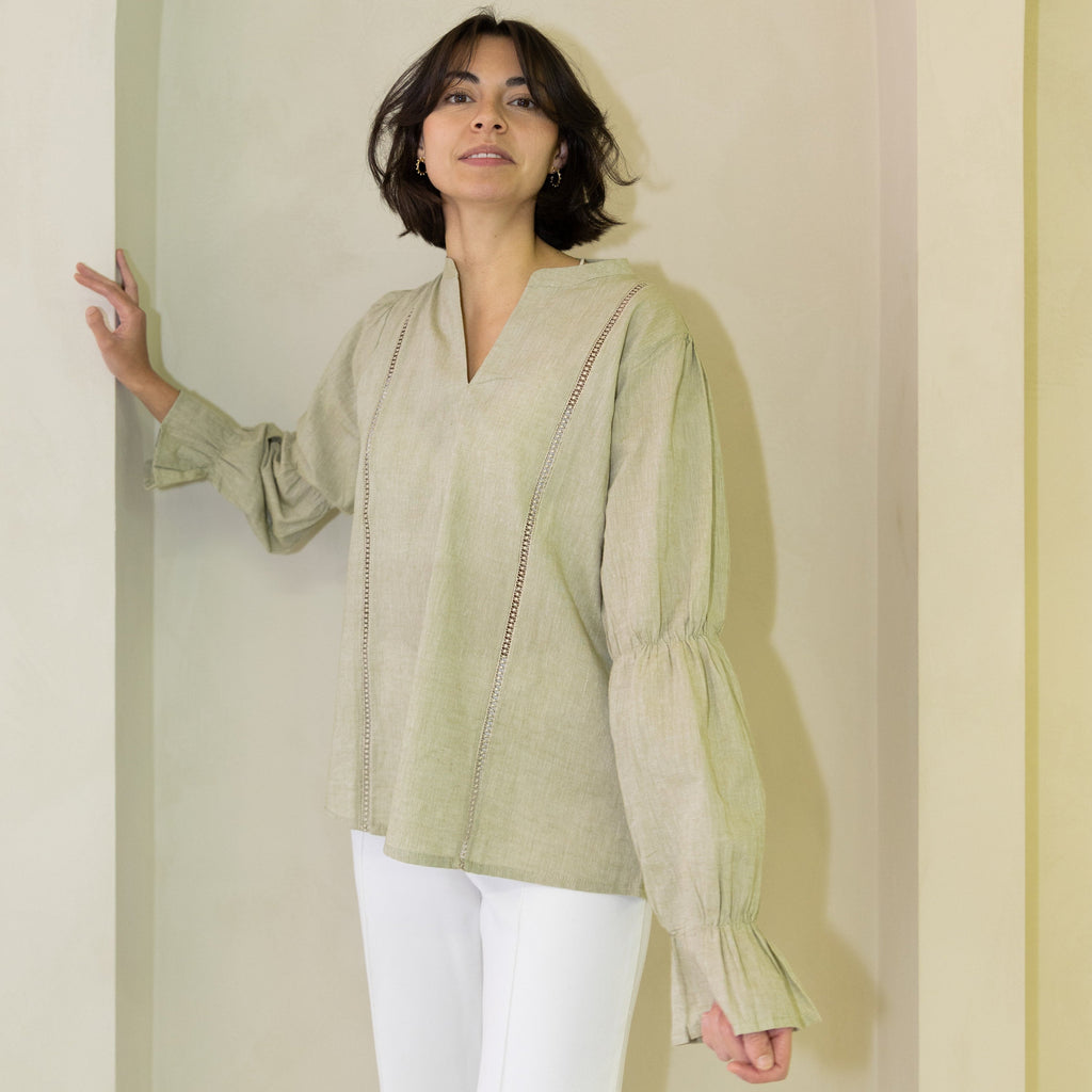 Lush handloom cotton blouse with relaxed feminine silhouette and soft volume sleeves