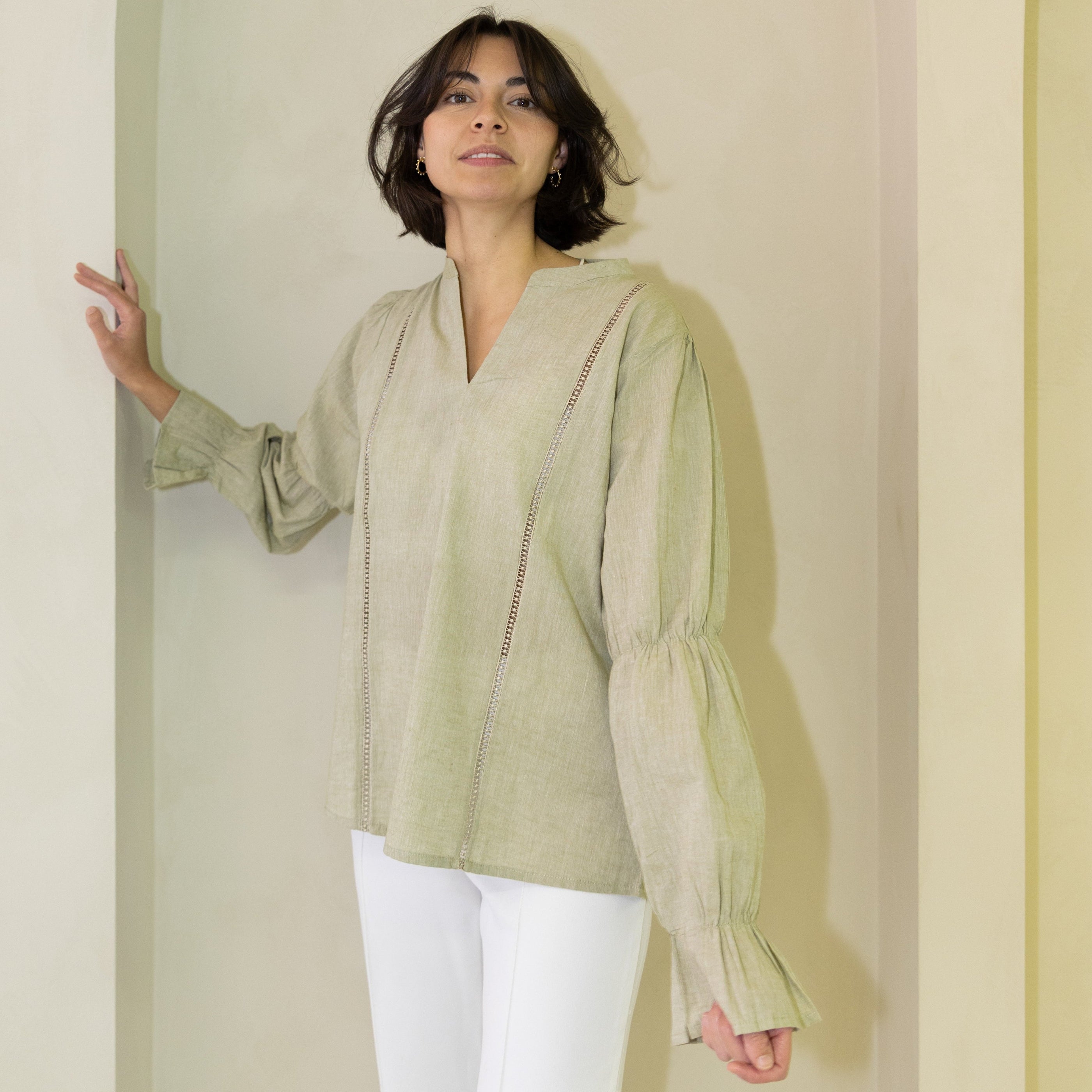 Lush handloom cotton blouse with relaxed feminine silhouette and soft volume sleeves