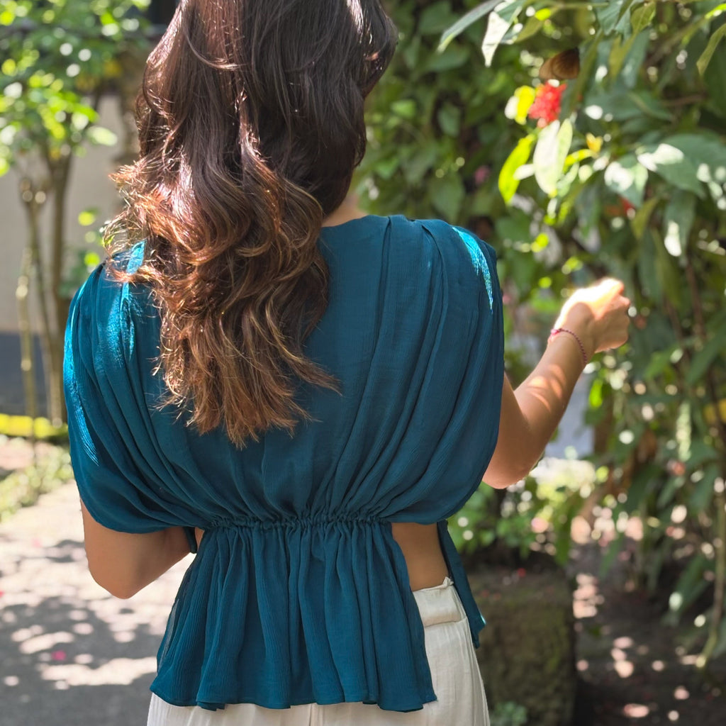 Neel minimalist draped silk satin top in deep turquoise.