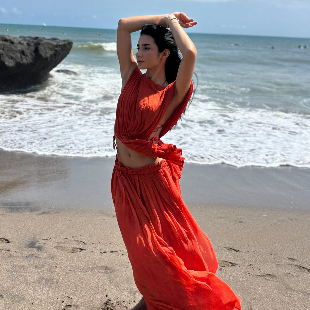 Pure silk chiffon top handmade in small artisan batches in India. The Agni blouse features soft cotton ties and a double-layer design for effortless, refined elegance.