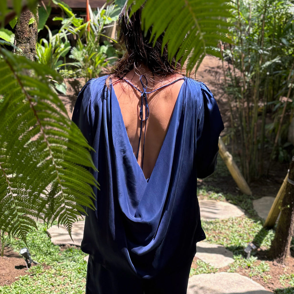 Ruh Aurora deep blue silk satin blouse with draped cowl back
