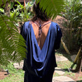 Ruh Aurora deep blue silk satin blouse with draped cowl back