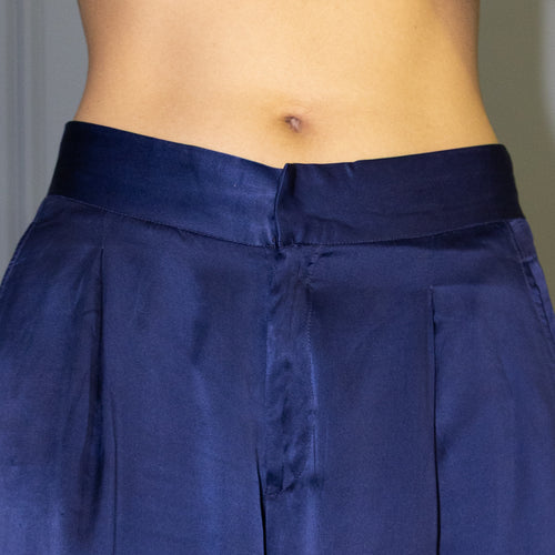 Aurora wide-leg low-rise silk satin pants in deep ocean blue