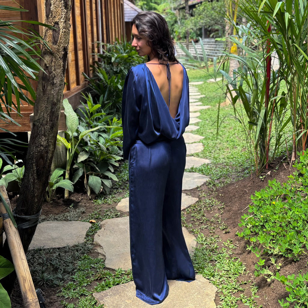 Aurora wide-leg low-rise silk satin pants in deep ocean blue